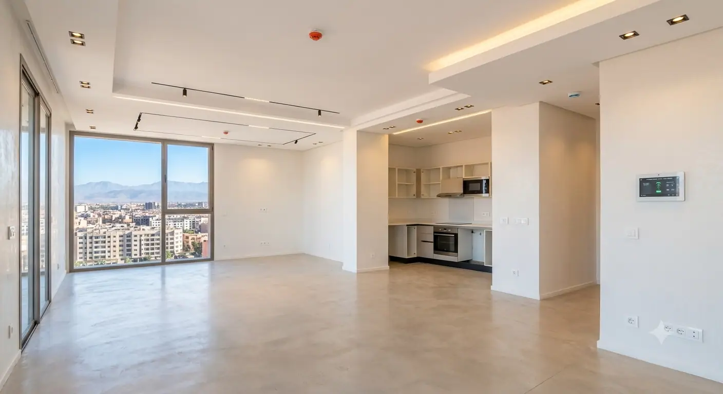 Intérieur contemporain avec spots encastrés et éclairage indirect en plafond