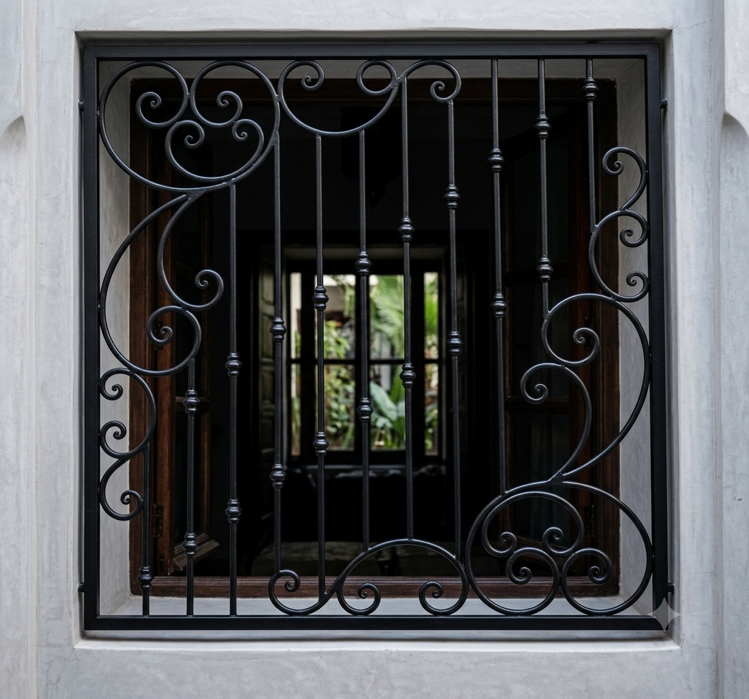 Illustration d’une grille de fenêtre à volutes