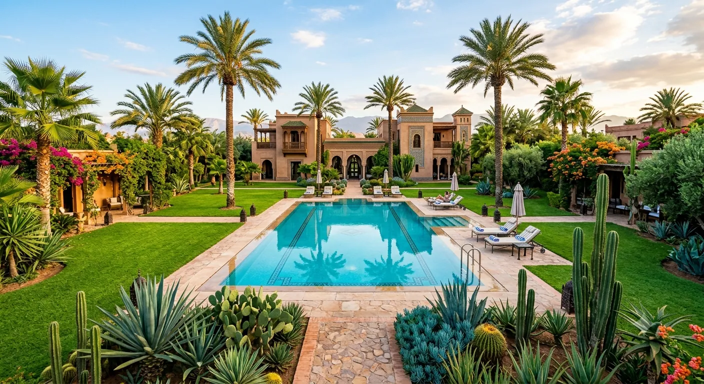 Illustration d’inspiration : jardin de villa avec palmiers, massifs et bassin à Marrakech