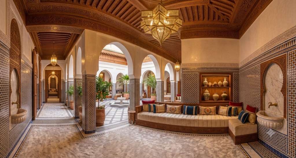 Inspiration générée par IA : salon de riad avec plafond sculpté et boiseries décoratives