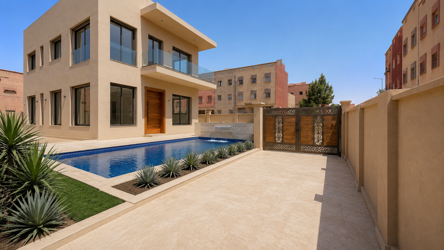 Piscine extérieure au pied d’une villa, bordée d’une terrasse et de plantations
